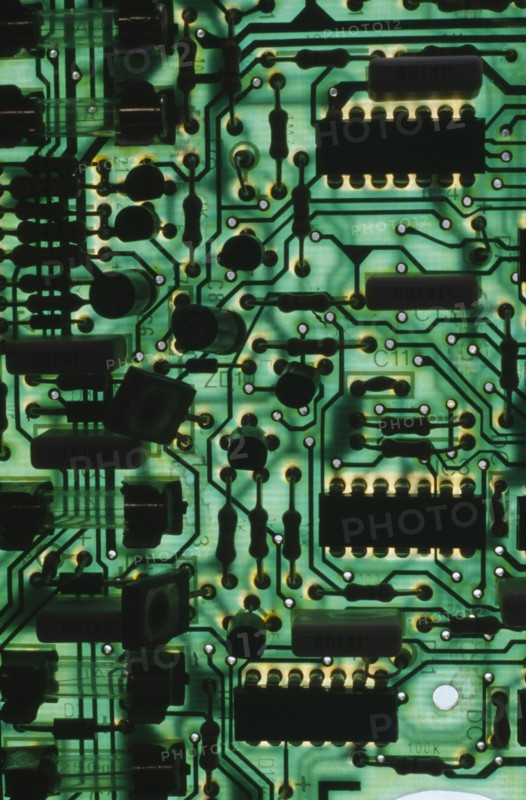 INDUSTRY, Power, Electrical Details, Green circuit board with resistors chips switches etc
