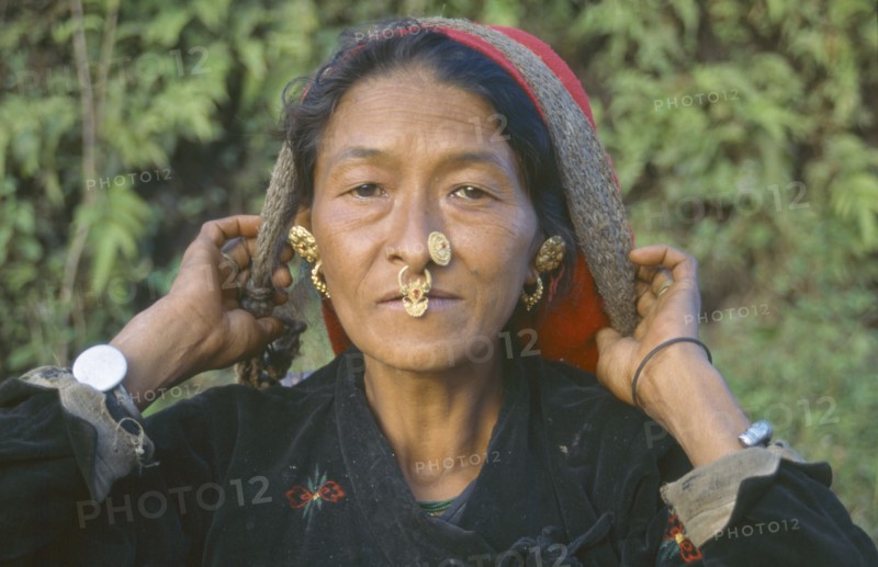 INDIA, Sikkim, People, "Woman with nose jewellery, head and shoulders portrait."