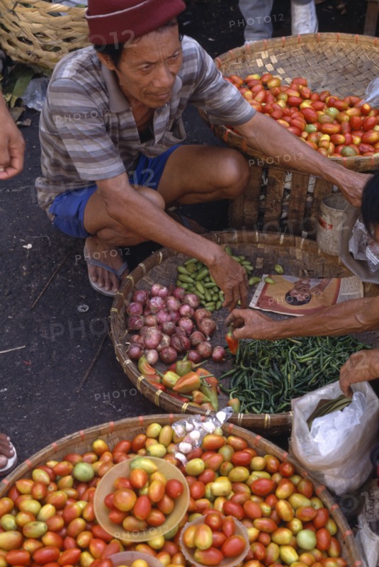 PHILIPPINES, Cebu Island, Cebu City, Fruit and vegetable vendor crouching by baskets of goods with customer at Carbon Market