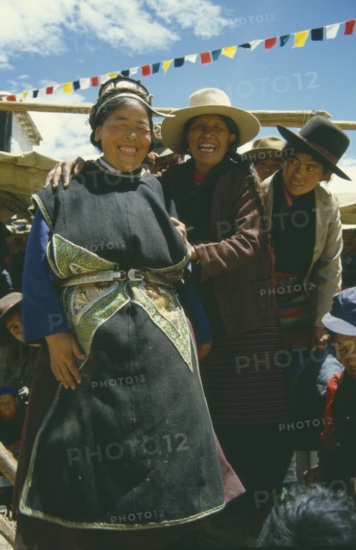 TIBET, Samye, People, Group of laughing women at Full Moon Festival