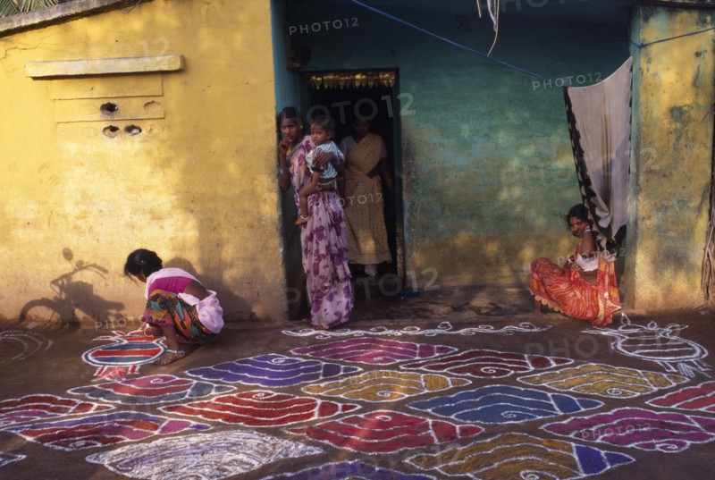 INDIA, Tamil Nadu, Festivals, Pongal festival marking the end of harvest and lasting four days.  Women painting decorative pattern on ground outside home.
