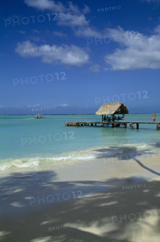 WEST INDIES, Tobago, Pigeon Point, View across shoreline toward wooden boat jetty with hut