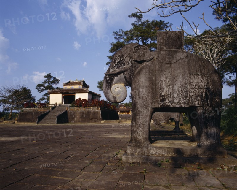 VIETNAM, Central, Hue, "Ming Mang's Mausoleum, stone elephant in paved forecourt, steps "