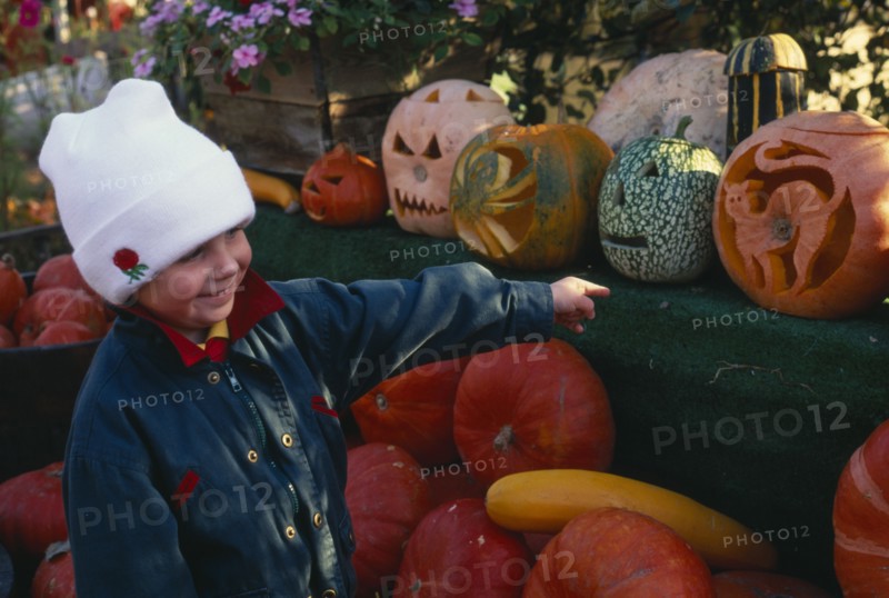 ENGLAND, West Sussex, Slindon, Child pointing at pumpkin display.