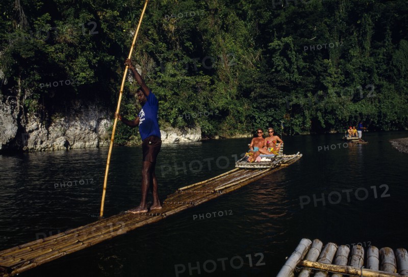 WEST INDIES, Jamaica, Rio Grande, Tourists being taken on rafts down the river