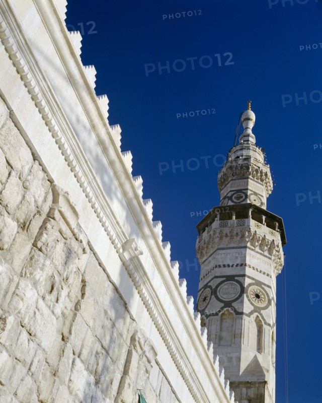 SYRIA, South, Damascus, Ummayyed Mosque.  Detail of ornate wall and minaret.