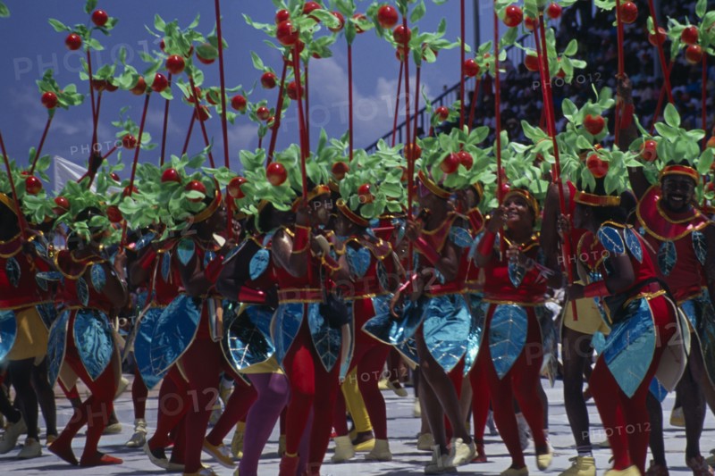 WEST INDIES, Barbados, Festivals, "Kadooment Day or Crop Over, the sugar cane harvest festival held in August.  Dancers in colourful costume. "