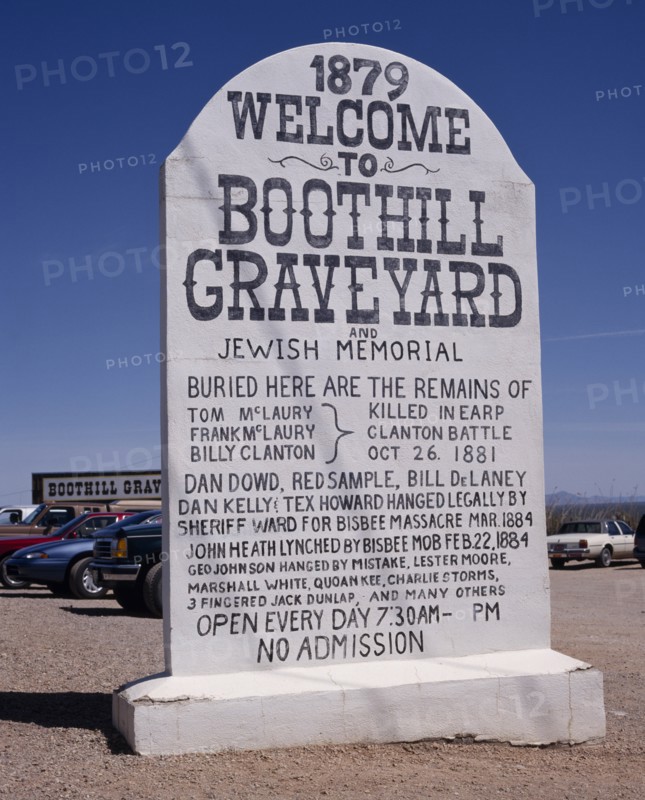 USA, Arizona, Tombstone, Boothill Graveyard. Large stone sign in shape of gravestone listing the famous graves and the Gunfight at the OK Corral