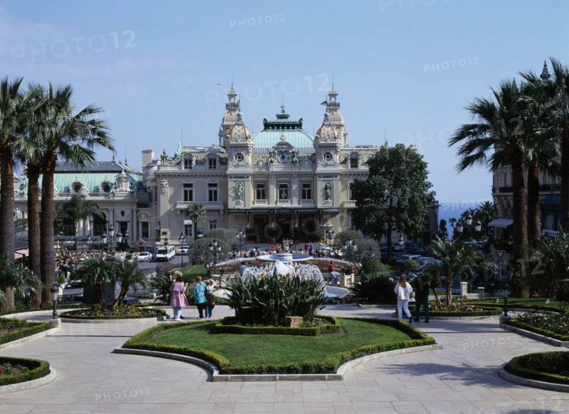 MONACO, Monte Carlo, Casino facade seen from formal gardens.