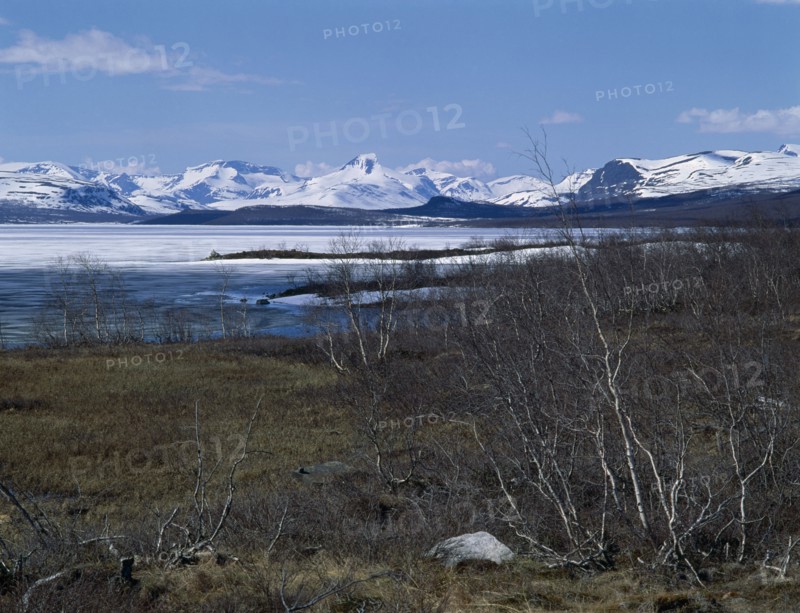 FINLAND, Lapland, " Kilpisjarvi     West view Norway,Way of the Four Winds,lake snow capped peaks "