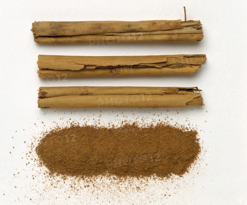 Food, Spices, Ground and curled cinnamon.