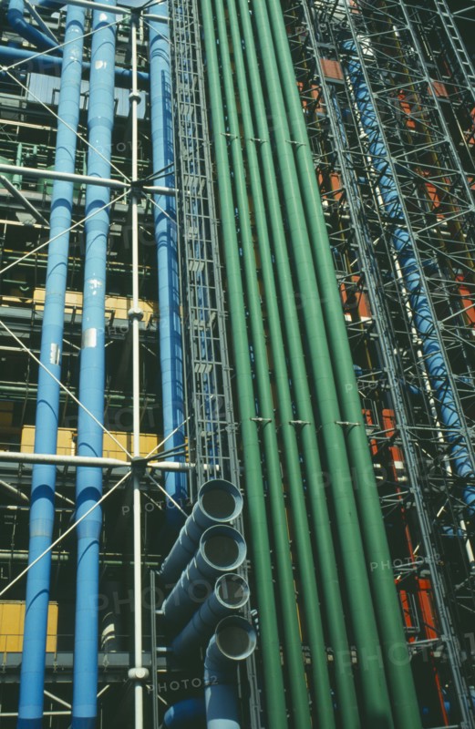 FRANCE, Ile de France, Paris, View looking up at exterior detail of the Pompidou Centre Beaubourg