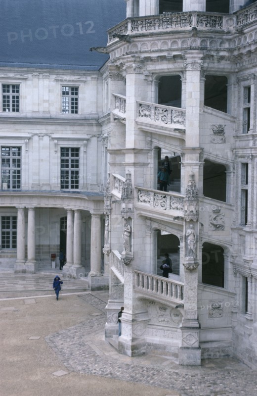 FRANCE, Loire Valley, Blois, Exterior view of ornate spiral staircase and courtyard of the Chateau.