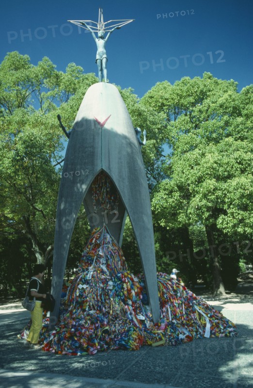 JAPAN, Honshu, Hiroshima, Origami paper cranes at the Children’s Memorial in the Peace Park gardens