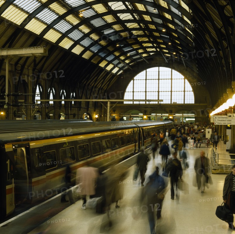 TRANSPORT, Rail, Stations, "Commuters on busy Kings Cross Platform, London, England"