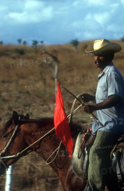 CUBA, Sancti Spiritus, Man on horseback carrying red flag