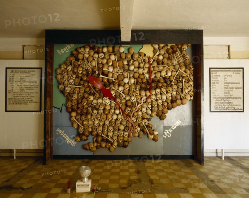 CAMBODIA, Phnom Penh, Security Prison 21 during the regime of Pol Pot now Tuol Sleng Museum.  Interior with map of Cambodia made from the skulls and bones of victims of the Khmer Rouge
