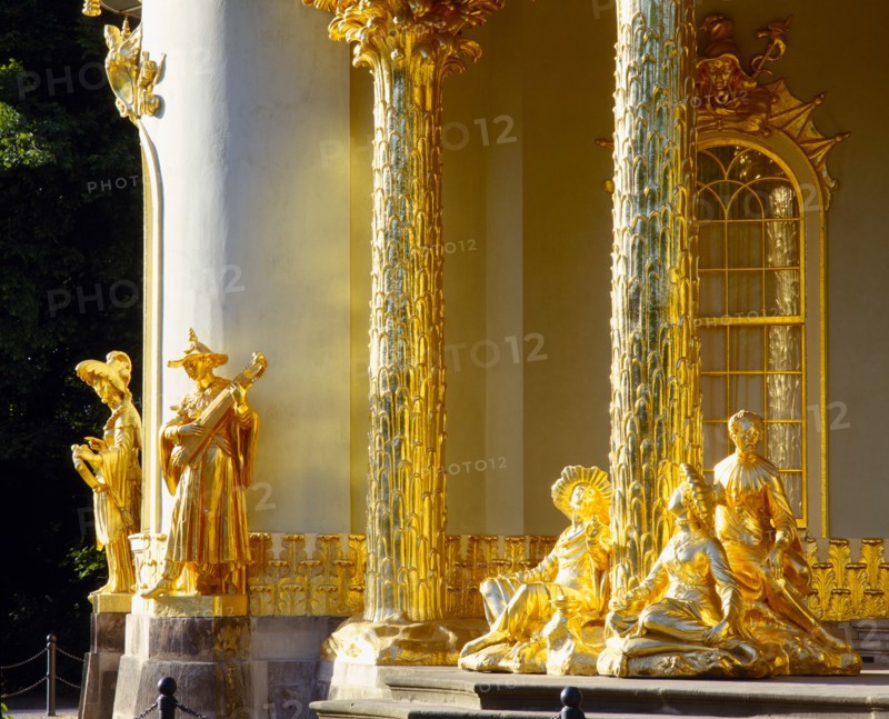 GERMANY, Brandenberg, Potsdam, "Sanssouci Park, Chinese tea house, detail of gold columns and statues. "