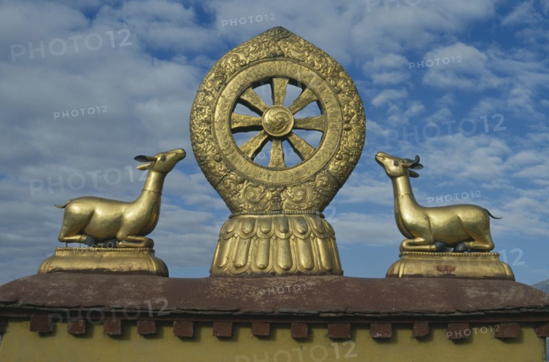 TIBET, Lhasa, Jokhang Temple, Golden Wheel of Dharma on the roof