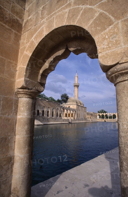 TURKEY, Urfa, Sanliurfa  , Rizvaniye Camii and fish lake seen through stone archway
