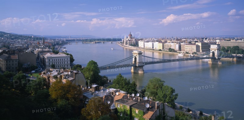 HUNGARY, Budapest, View over city and the Chain Bridge