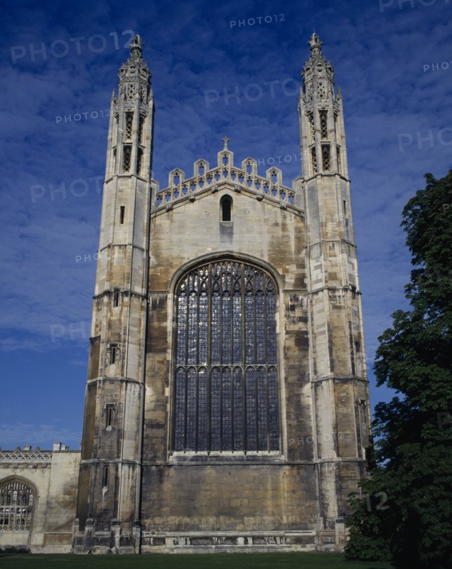 EDUCATION, University, Cambridge, Kings College chapel.  Medieval exterior with stained glass window and two octagonal turrets.