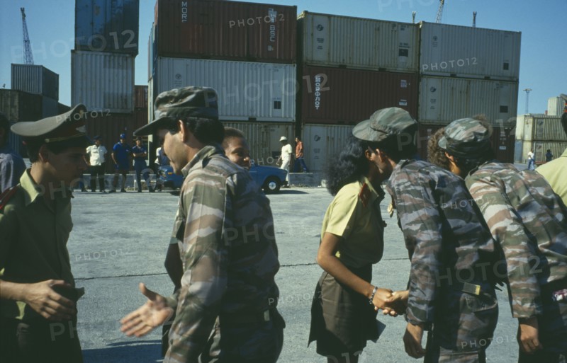 CUBA, Military, Soldiers returning from Angola being greeted by students