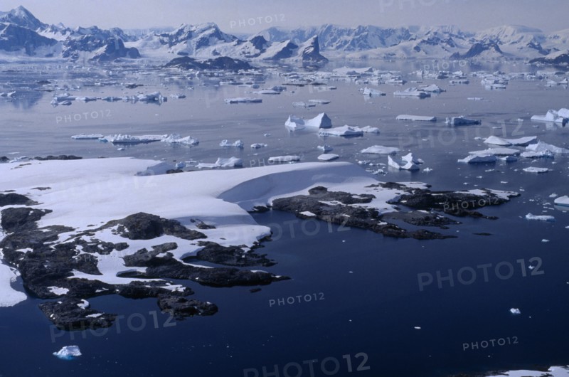 ANTARCTICA, Argentine Islands, Aerial view of the islands and ice flows