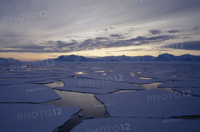 ANTARCTICA , Alexander Island, Broken ice flows at sunset