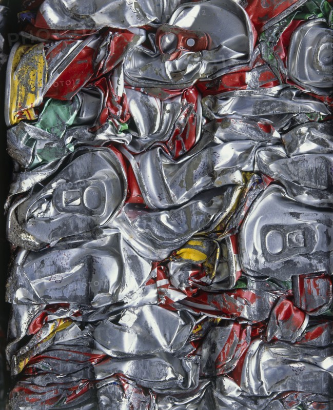 ENVIRONMENT, Recycling, Aluminium, Cans crushed into a bundle and ready for recycling