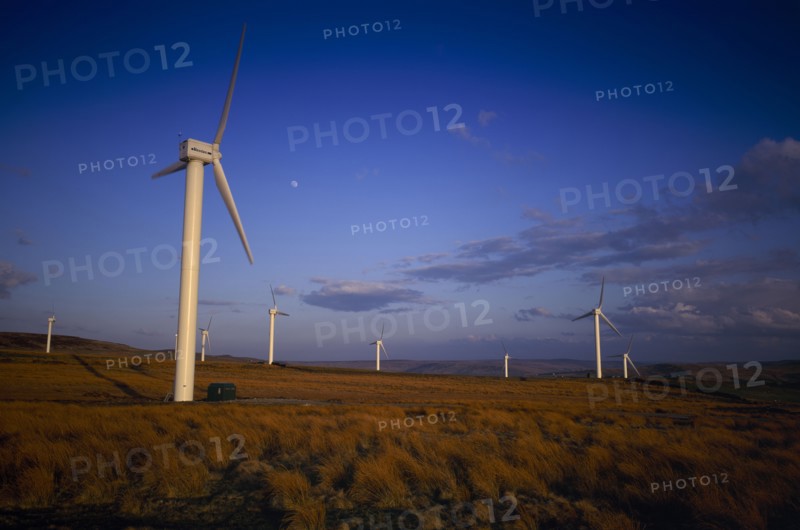 ENVIRONMENT, Energy, Wind Power, "Coal Clough Windfarm with tall wind turbines leading out across the landscape, near Todmorden, West Yorkshire"