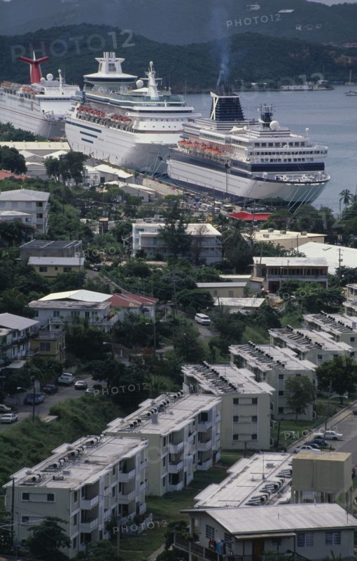 WEST INDIES, US Virgin Islands, St Thomas, View over the harbour with moored cruise liner.