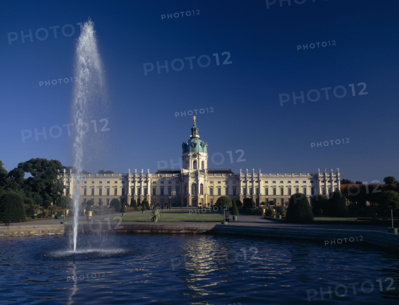 GERMANY, Berlin, Charlottenburg Palace. View over fountain and pond in the rear gardens