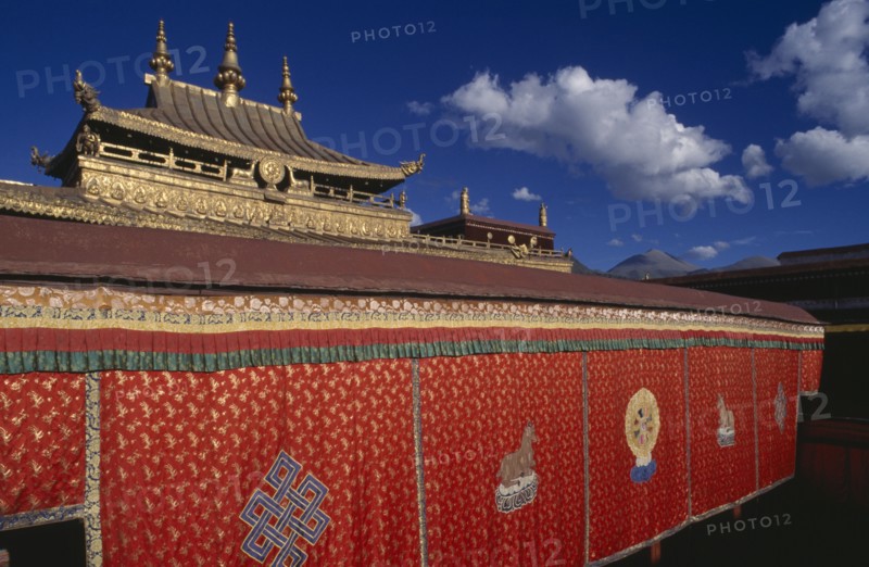 TIBET, Lhasa, "Jokhang Temple golden roofed temple over 1300 years old, built to commemorate the marriage of Tang princess Wen Cheng to King Songtsen Gampo"