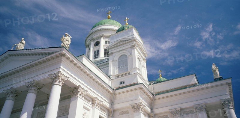 FINLAND, Uusimaa, Helsinki, Lutheran Cathedral Tuomiokirkko Close up with statues