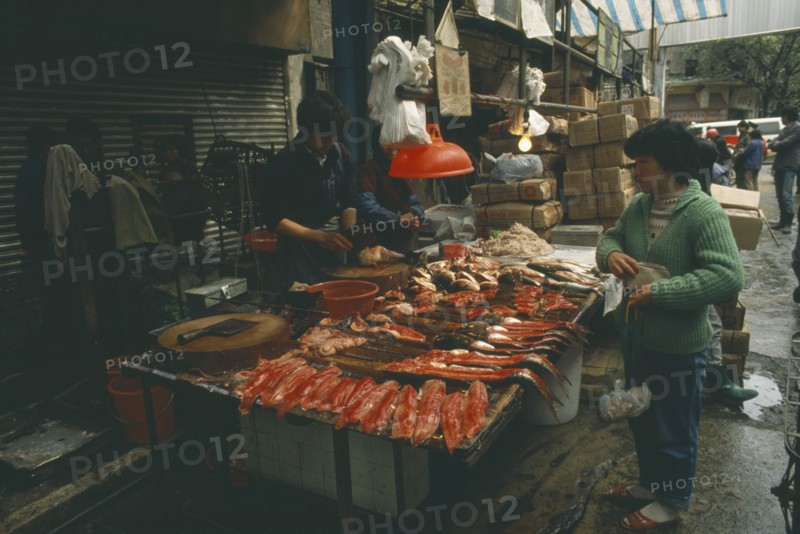 CHINA, Guangdong, Guangzhou, Fish stall in the market with vendor and customer.