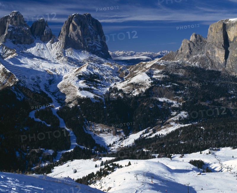 ITALY, Trentino Alto Adige, Dolomites, Val di Fassa. Belvedere. View down mountain side of ski resort