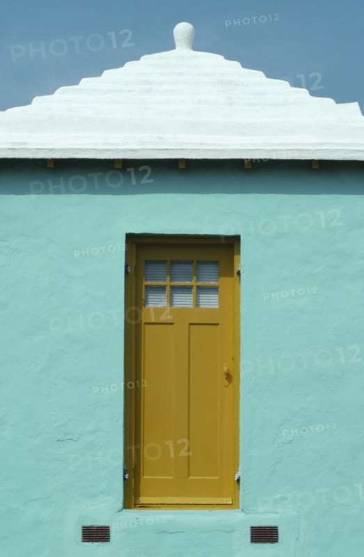 BERMUDA, Architecture, White rooved turquoise house with yellow door missing staircase