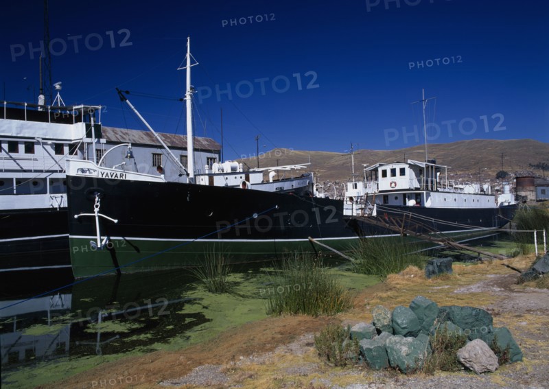 PERU, Puno Administrative Division, Puno, "Lake Titicaca.  Yavari, the oldest ship on Lake Titicaca moored at the bankside."