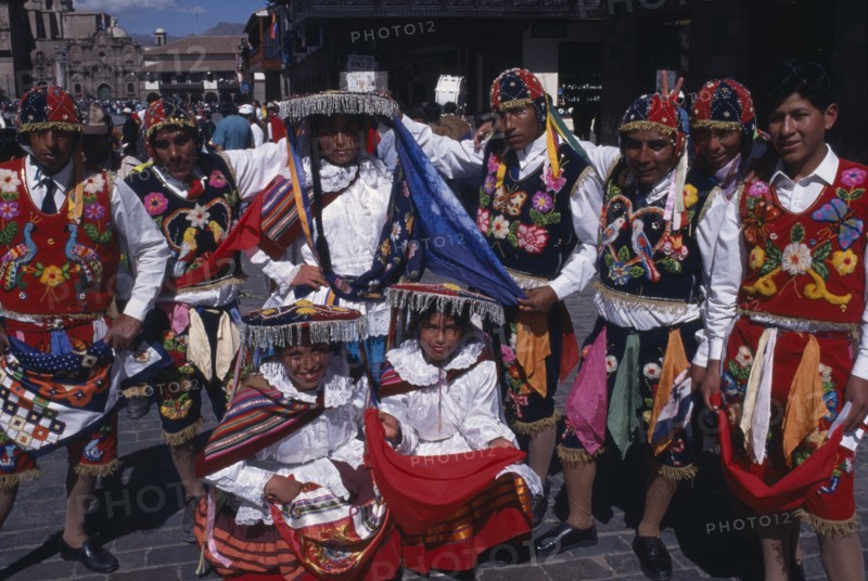 PERU, Cusco Department, Cusco, Group in traditional costume at Inti Raymi.