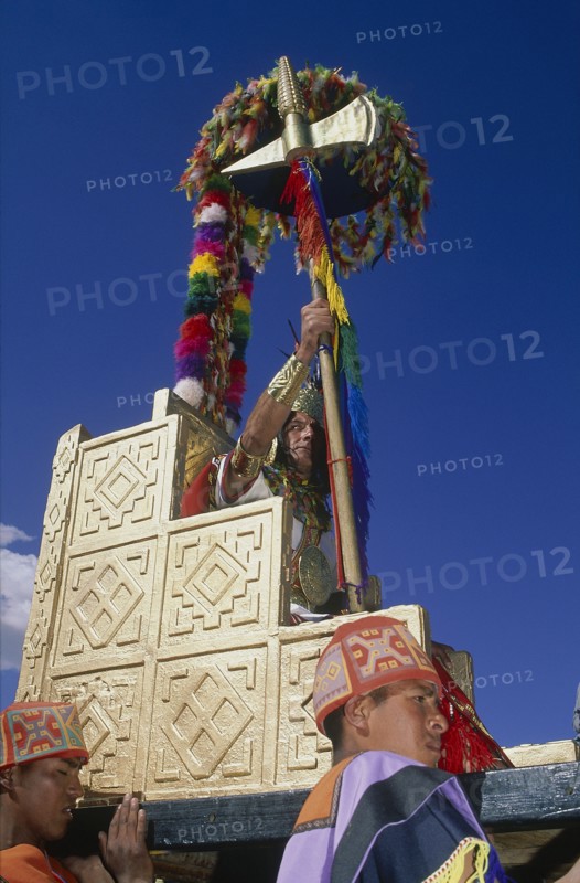 PERU, Cusco Department, Cusco, Emperor Pachacuti being carried in a golden throne at Inti Raymi.