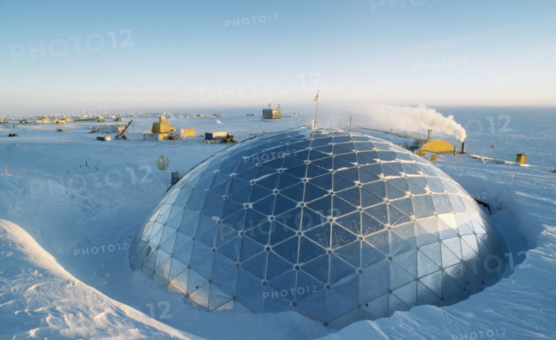 ANTARCTICA, South Pole, The geodesic dome exterior which covers essential buildings at the US Amundsen-Scott South Pole Station.