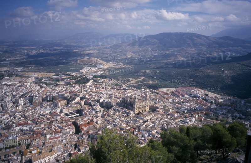 SPAIN, Andalucia, Jaen Province, View over trees to Jaén with the cathedral in the centre and distant hills.