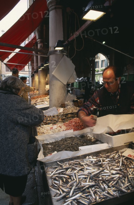 ITALY, Veneto, Venice, Stalls at the Rialto fish market.