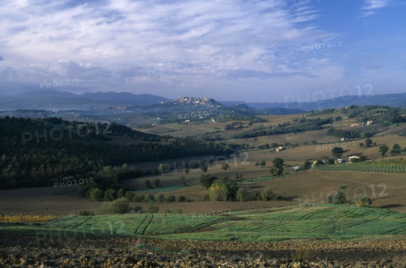ITALY, Umbria, Todi, View across fields and hillside towards the hilltown of Todi.