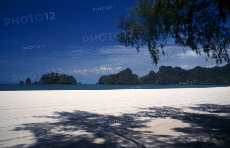 MALAYSIA, Kedah, Langkawi, Pantai Rhu beach looking out to the offshore islands from beneath casuarina trees