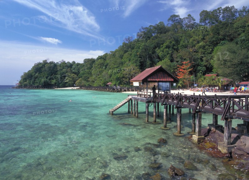 MALAYSIA, Kedah, Langkawi, Pulau Paya marine national park with landing jetty over coral reef and tree lined beach behind