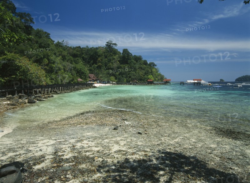 MALAYSIA, Kedah, Langkawi, Pulau Paya marine national park with anchored tourist boats beyond the coral reef