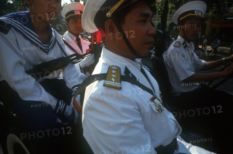 VIETNAM, Military, "Soldiers at the 20th Anniversary parade commemorating the liberation of Saigon.  Close up shot, seated in vehicle.  "