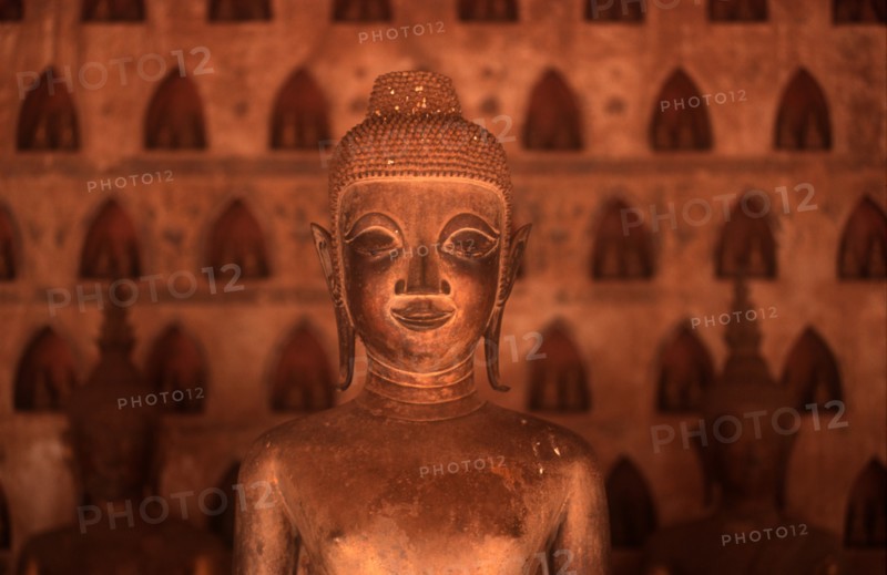 LAOS, Vientianne, Wat Si Saket.  Detail of Buddha figure in the foreground with niches containing more figures behind.